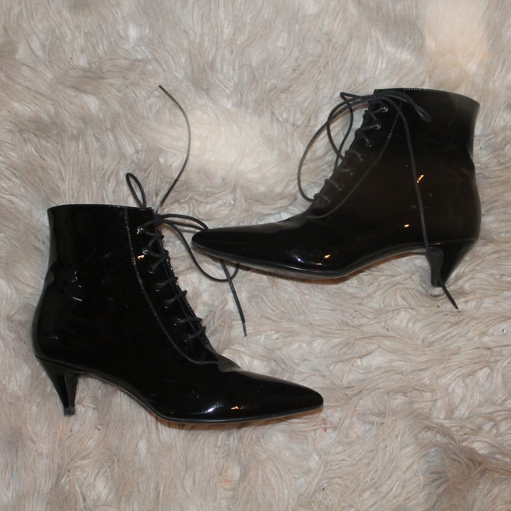 SAINT LAURENT KITTEN HEEL LACE-UP ANKLE CAT BOOT.